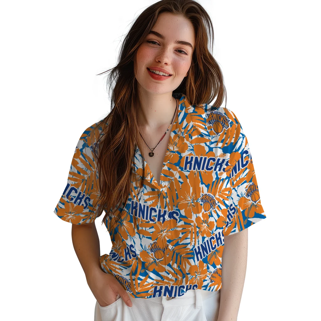 New York Knicks Hawaiian Shirt - Hibiscus Overlay new york knicks hibiscus overlay hawaiian shirts latest model