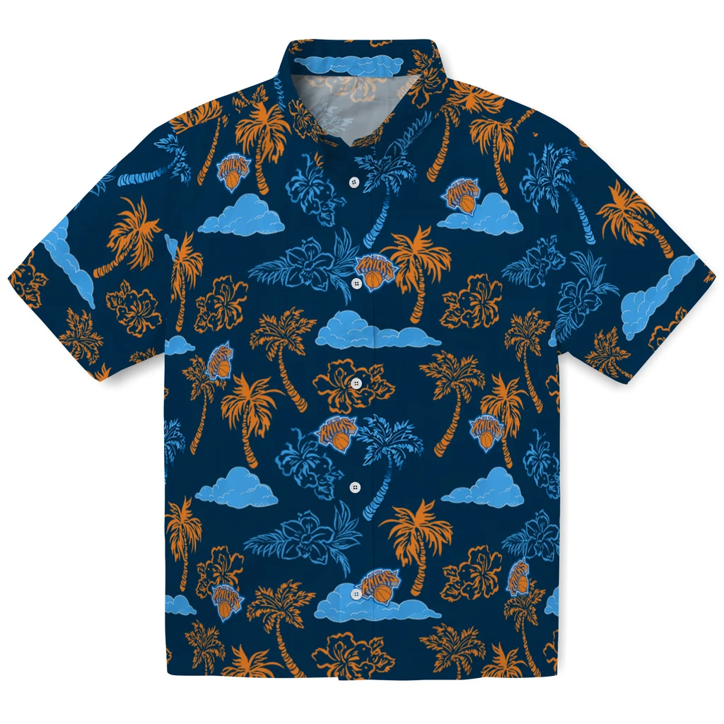 New York Knicks Hawaiian Shirt - Palm And Clouds new york knicks palm and clouds blue hawaiian shirts best selling