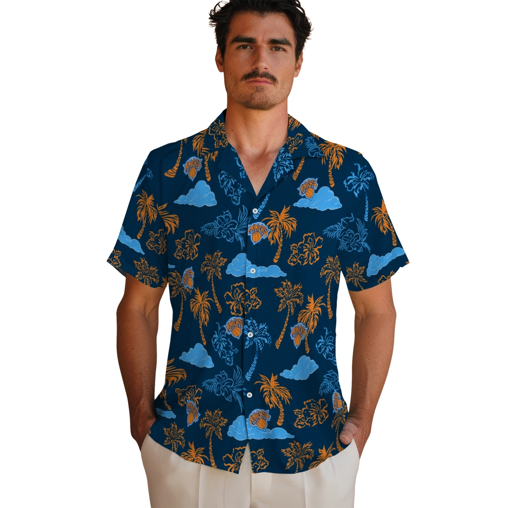New York Knicks Hawaiian Shirt - Palm And Clouds new york knicks palm and clouds blue hawaiian shirts fashion forward