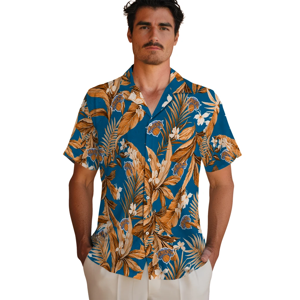 New York Knicks Hawaiian Shirt - Palm Leaves new york knicks palm leaves blue hawaiian shirts fashion forward