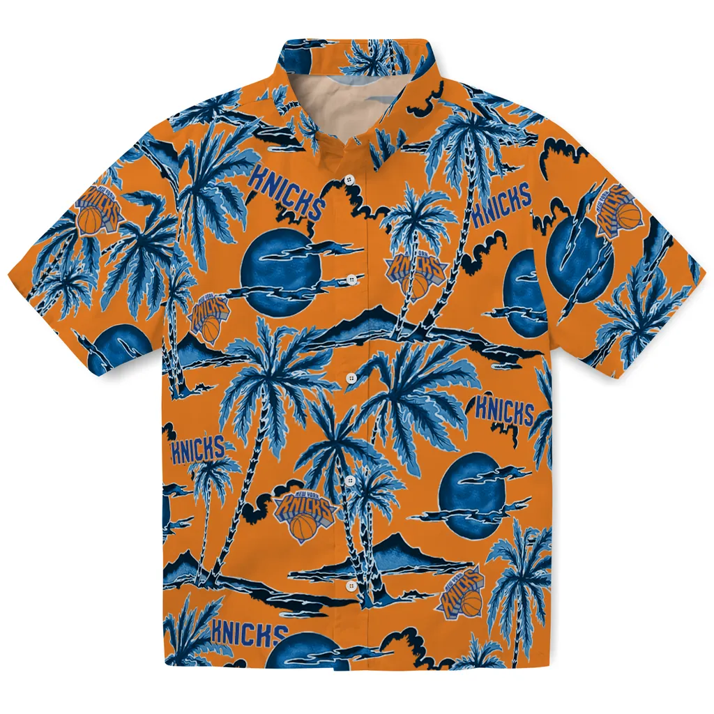 New York Knicks Hawaiian Shirt - Palm Sunset new york knicks palm sunset hawaiian shirts best selling