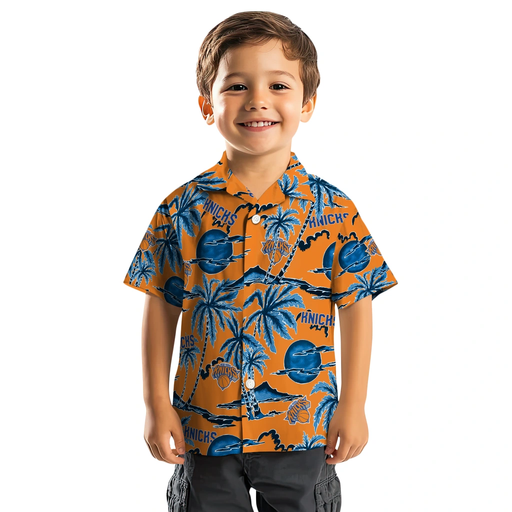 New York Knicks Hawaiian Shirt - Palm Sunset new york knicks palm sunset hawaiian shirts top rated
