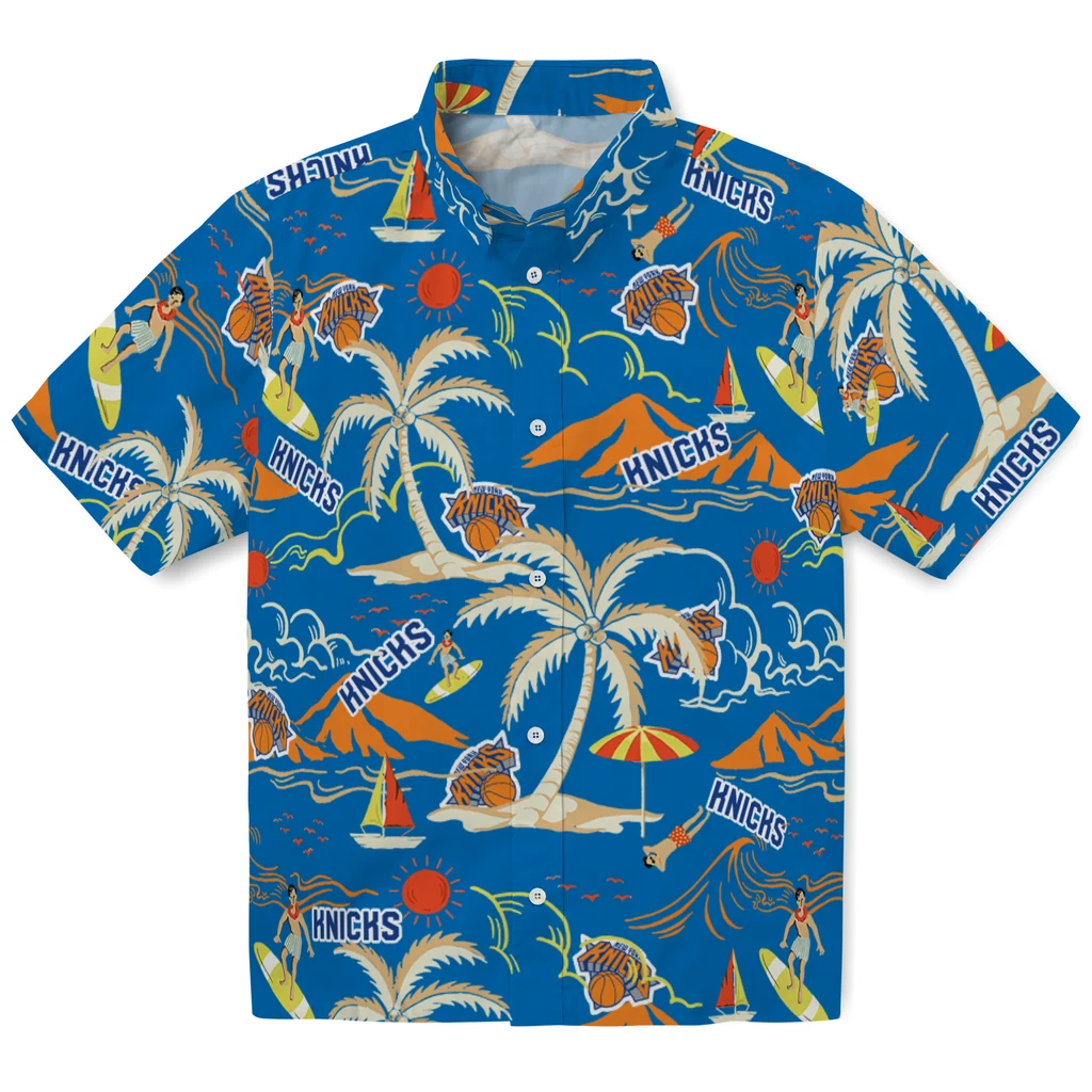 New York Knicks Hawaiian Shirt - Palm Tree Island new york knicks palm tree island blue hawaiian shirts best selling