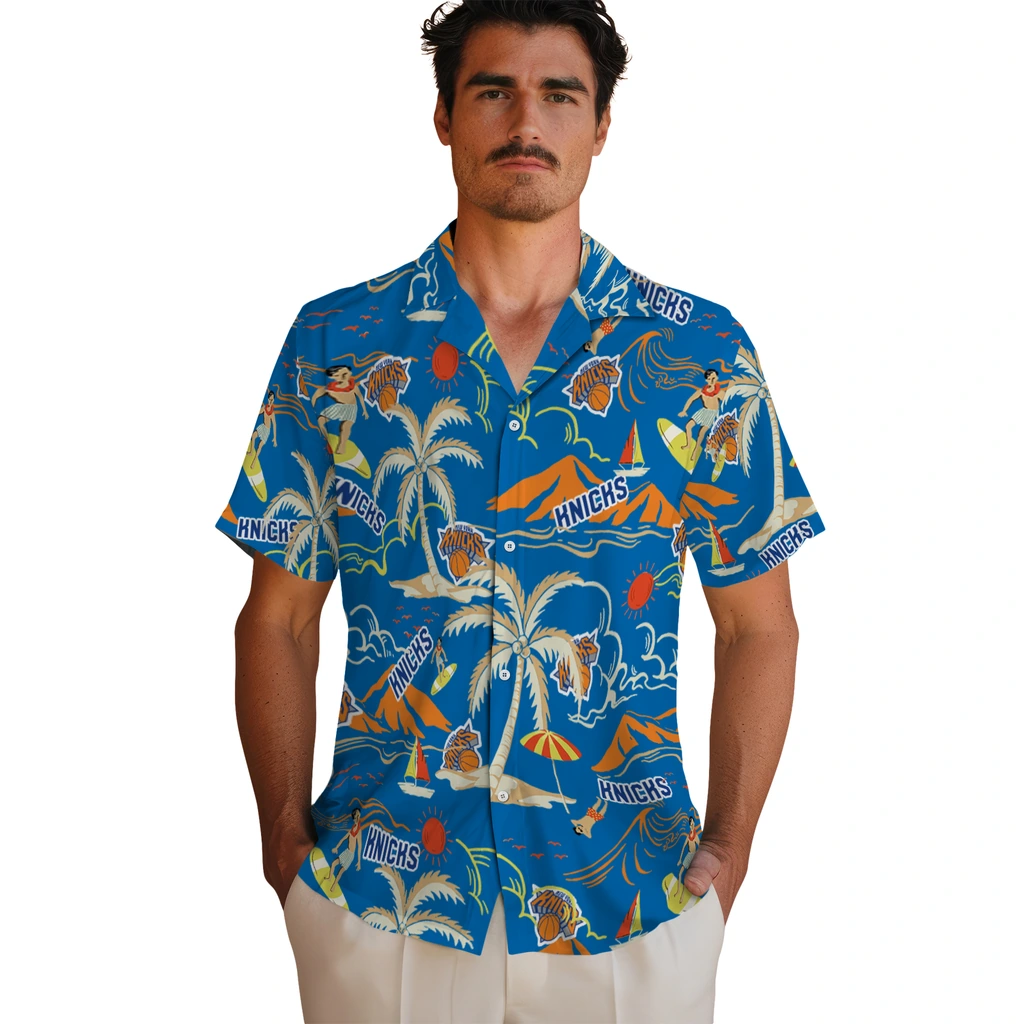 New York Knicks Hawaiian Shirt - Palm Tree Island new york knicks palm tree island blue hawaiian shirts fashion forward