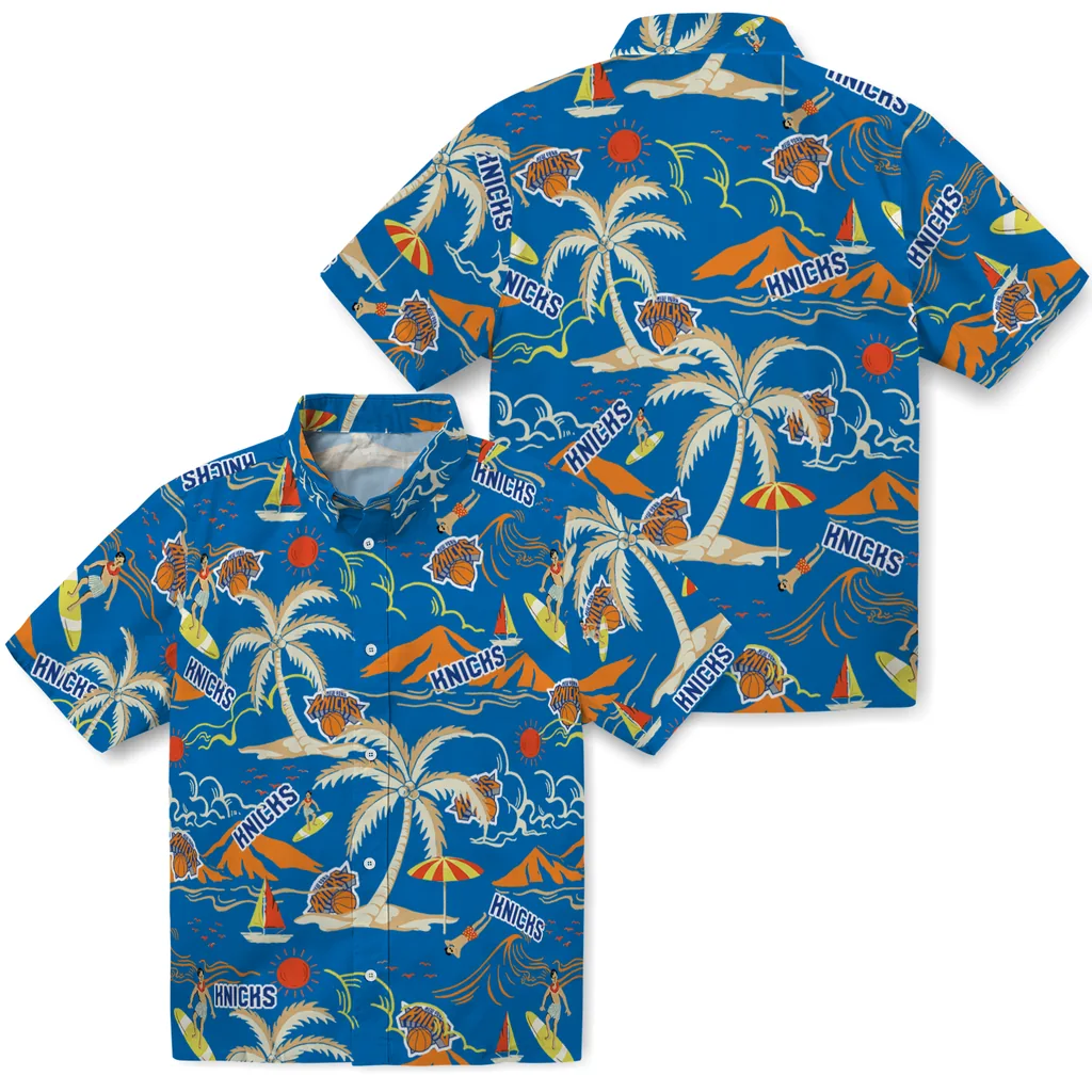 New York Knicks Hawaiian Shirt - Palm Tree Island new york knicks palm tree island blue hawaiian shirts high quality