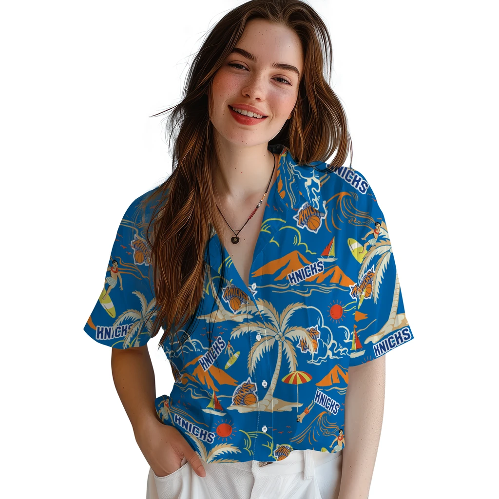New York Knicks Hawaiian Shirt - Palm Tree Island new york knicks palm tree island blue hawaiian shirts latest model