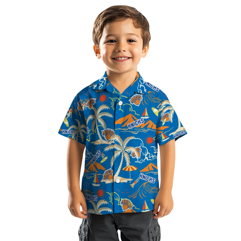 New York Knicks Hawaiian Shirt - Palm Tree Island new york knicks palm tree island blue hawaiian shirts top rated