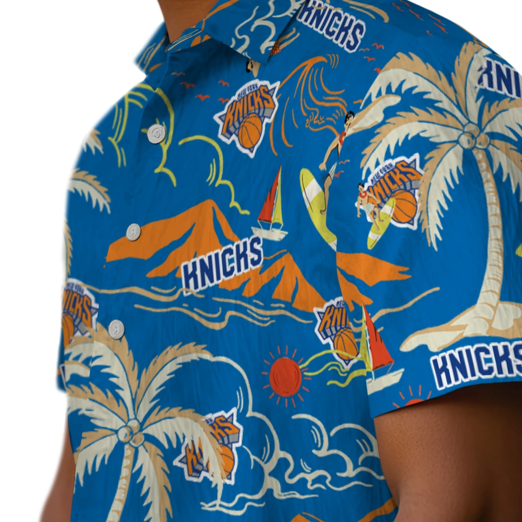 New York Knicks Hawaiian Shirt - Palm Tree Island new york knicks palm tree island blue hawaiian shirts trendy