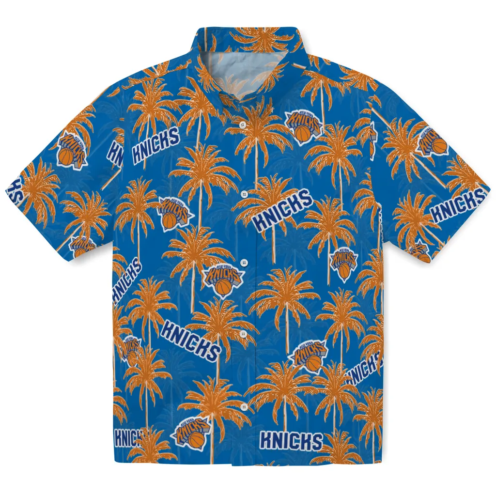 New York Knicks Hawaiian Shirt - Palm Tree Motif new york knicks palm grove blue hawaiian shirts best selling