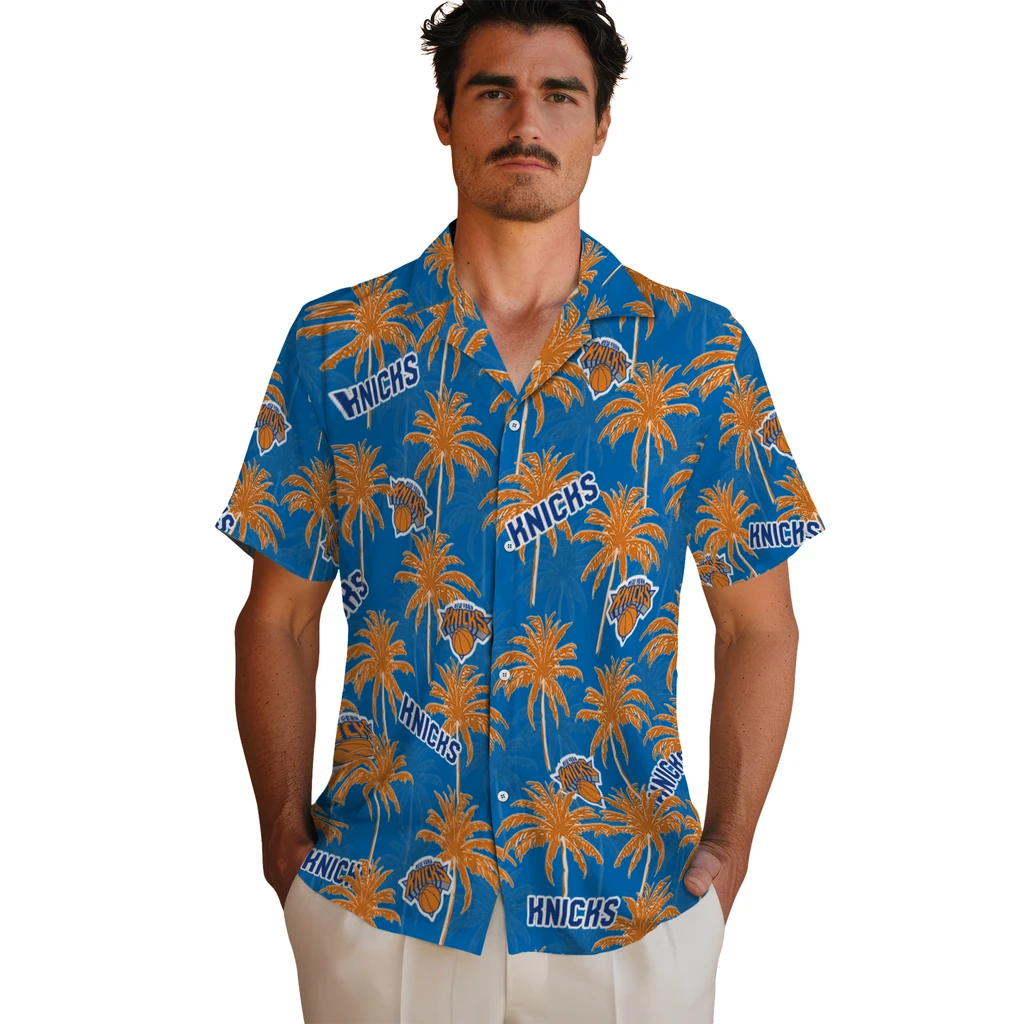 New York Knicks Hawaiian Shirt - Palm Tree Motif new york knicks palm grove blue hawaiian shirts fashion forward