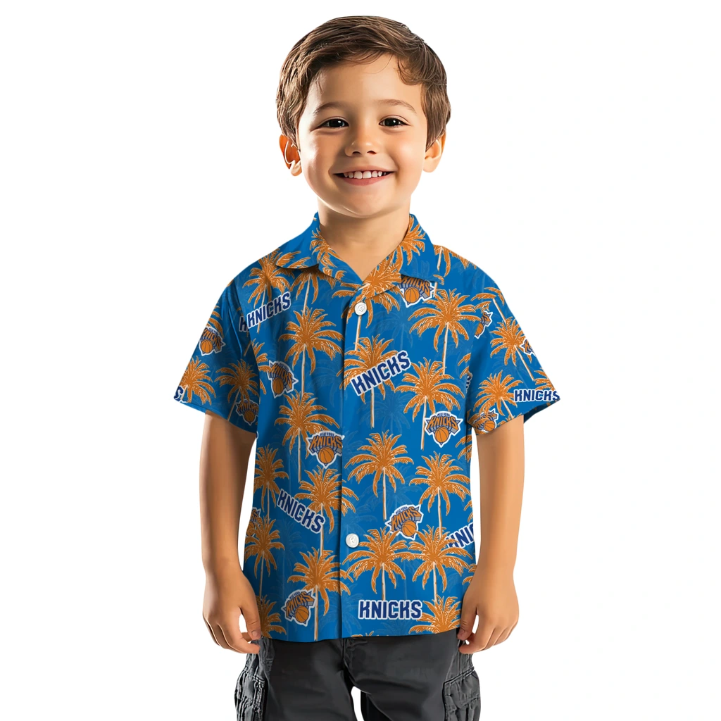New York Knicks Hawaiian Shirt - Palm Tree Motif new york knicks palm grove blue hawaiian shirts top rated
