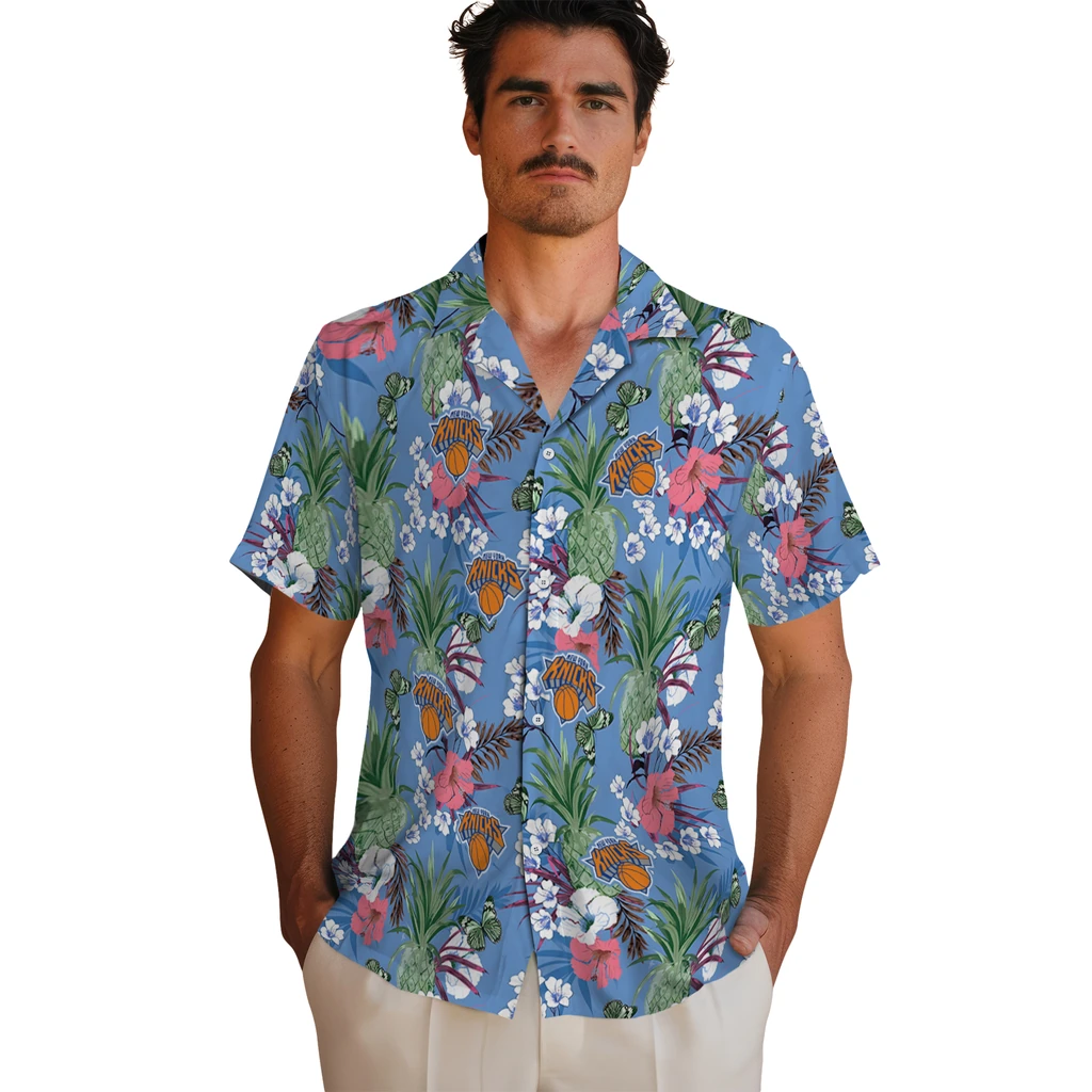 New York Knicks Hawaiian Shirt - Pineapple Bouquet new york knicks pineapple bouquet best sky blue hawaiian shirts fashion forward