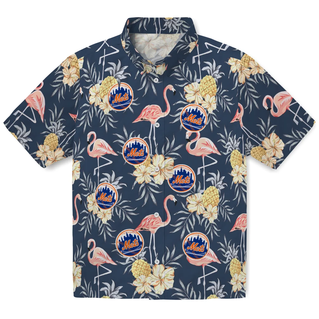 New York Mets Hawaiian Shirt - Flamingo Hibiscus new york mets flamingo hibiscus navy hawaiian shirts best selling