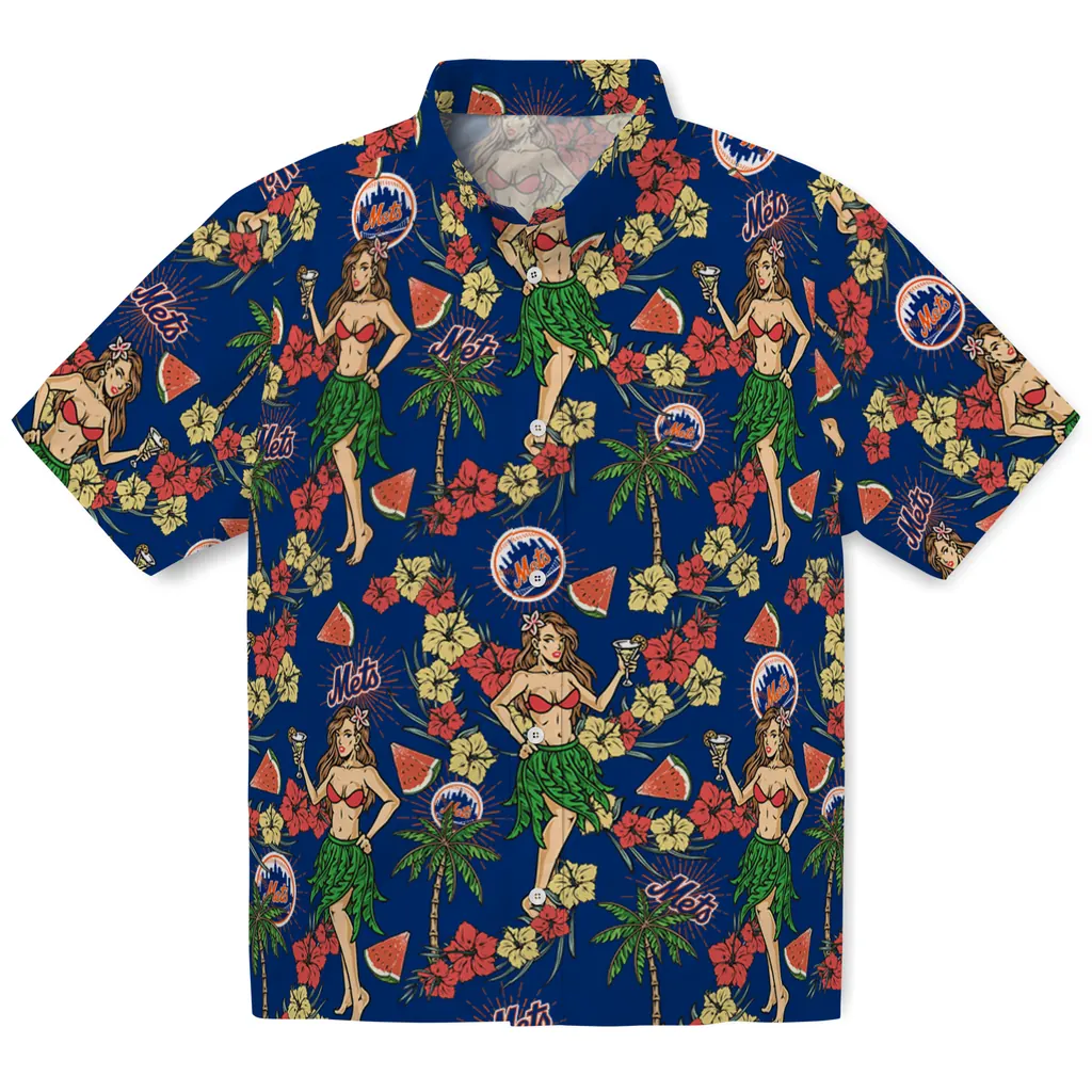 New York Mets Hawaiian Shirt - Hawaiian Girls Design new york mets hawaiian girls design blue hawaiian shirts best selling