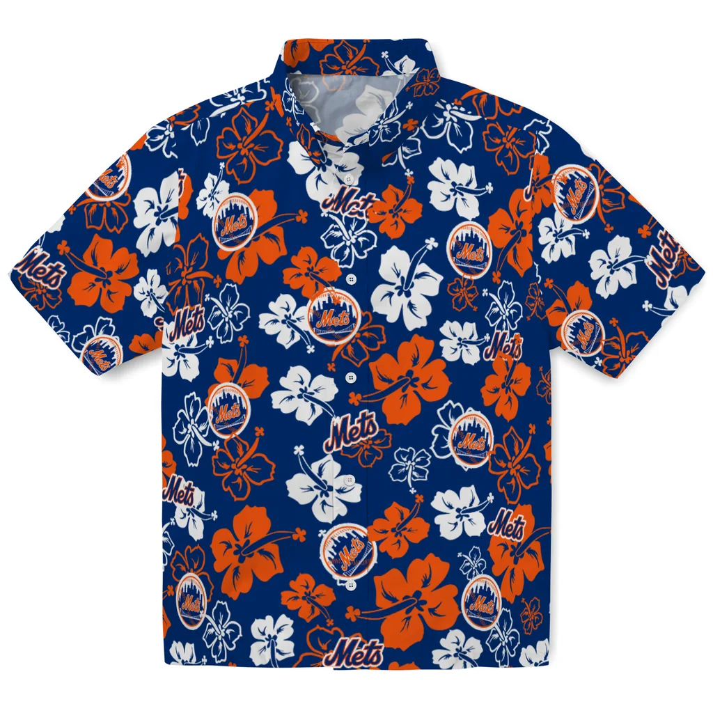 New York Mets Hawaiian Shirt - Hibiscus Flower Design new york mets hibiscus bloom blue hawaiian shirts best selling