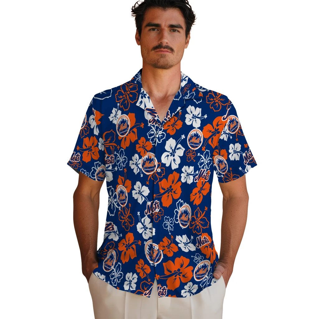 New York Mets Hawaiian Shirt - Hibiscus Flower Design new york mets hibiscus bloom blue hawaiian shirts fashion forward