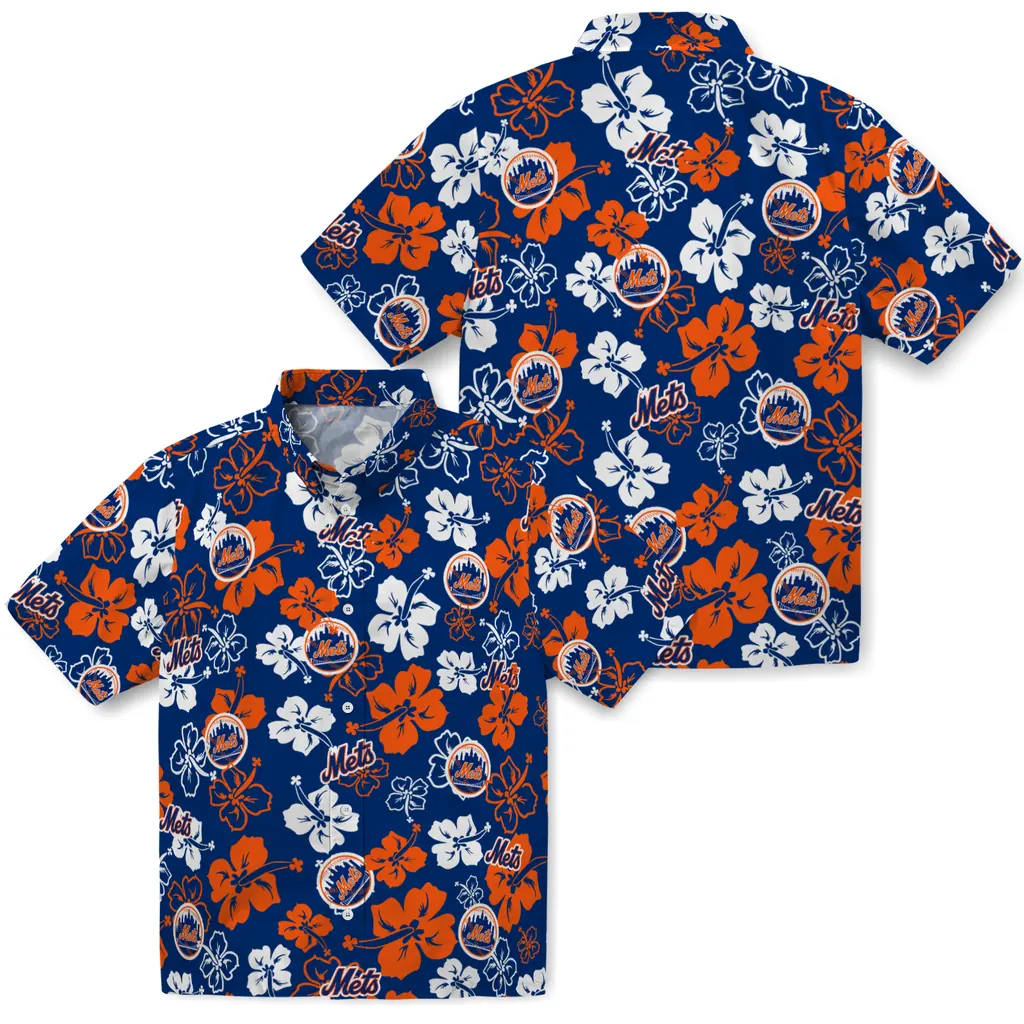 New York Mets Hawaiian Shirt - Hibiscus Flower Design new york mets hibiscus bloom blue hawaiian shirts high quality