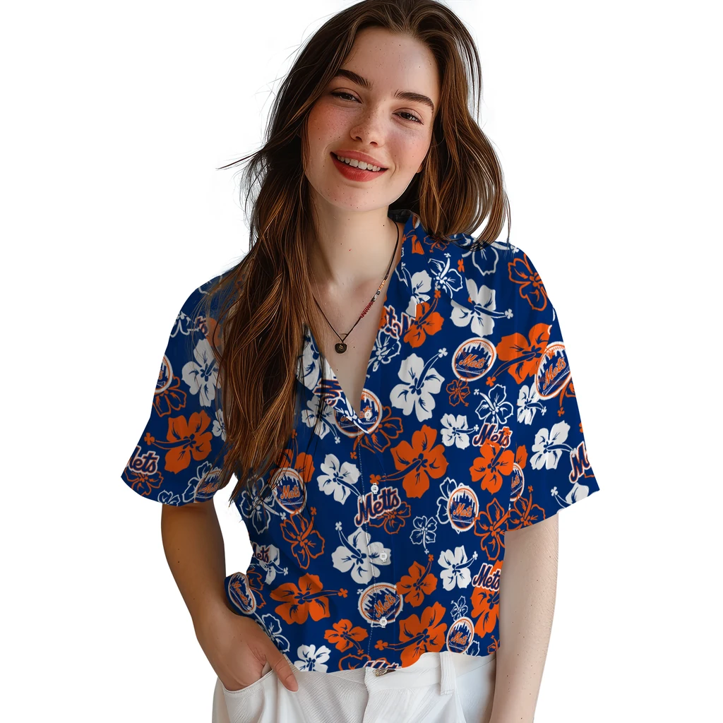 New York Mets Hawaiian Shirt - Hibiscus Flower Design new york mets hibiscus bloom blue hawaiian shirts latest model