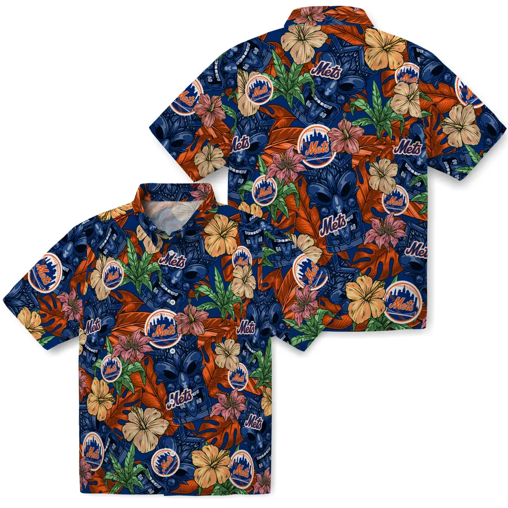 New York Mets Hawaiian Shirt - Hibiscus Tiki Jungle new york mets tiki jungle blue hawaiian shirts high quality