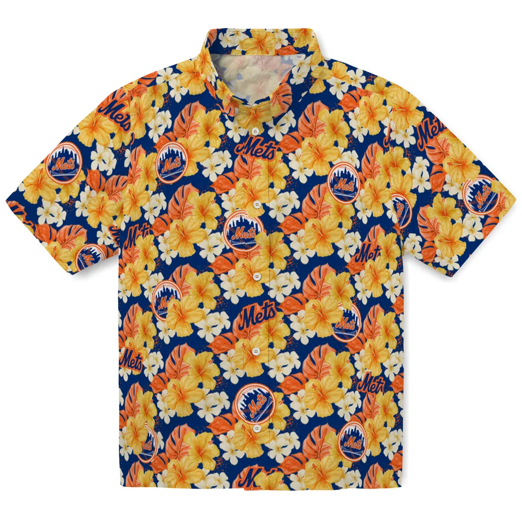 New York Mets Hawaiian Shirt - Hibiscus Tropics new york mets hibiscus tropics blue yellow hawaiian shirts best selling