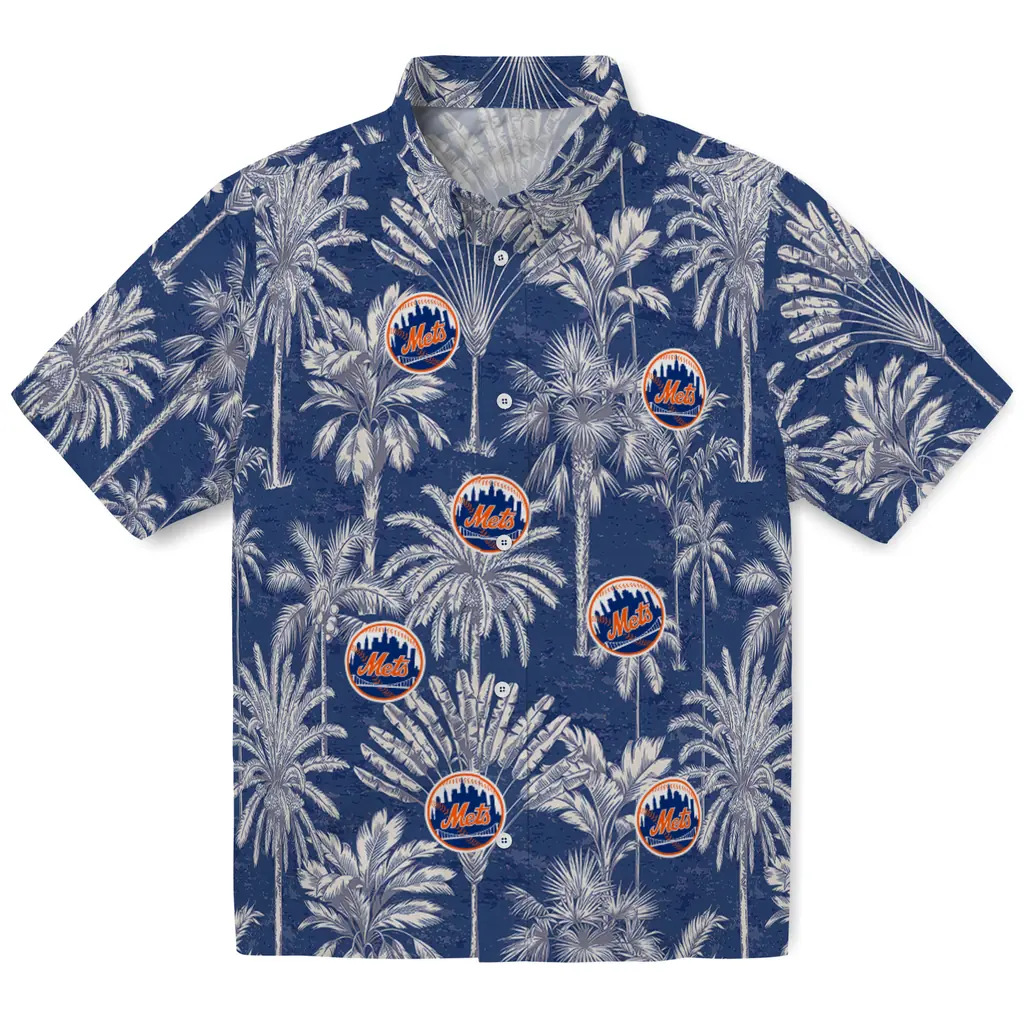 New York Mets Hawaiian Shirt - Vintage Palm Tree new york mets palm shadows blue hawaiian shirts best selling