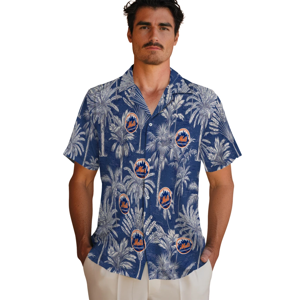 New York Mets Hawaiian Shirt - Vintage Palm Tree new york mets palm shadows blue hawaiian shirts fashion forward