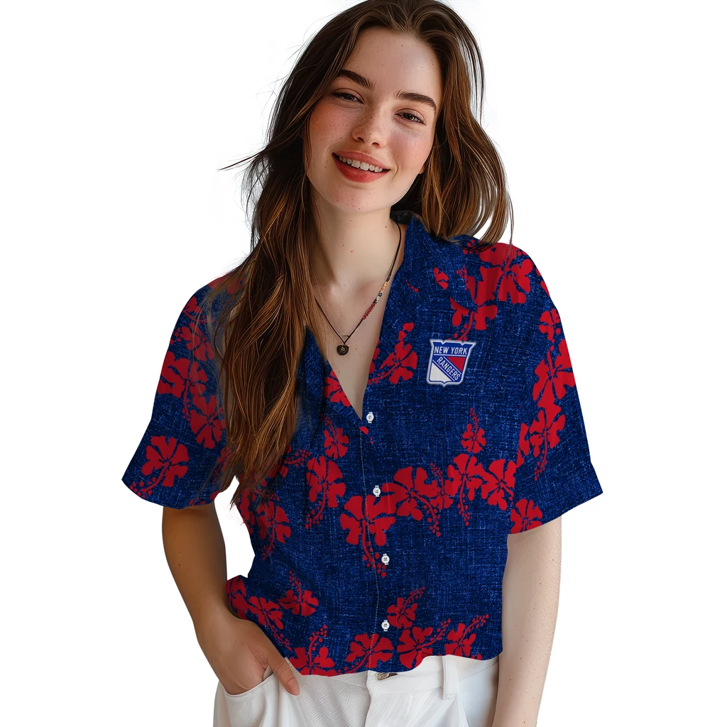 New York Rangers Hawaiian Shirt - 50th State Flower new york rangers hibiscus petals blue hawaiian shirts latest model