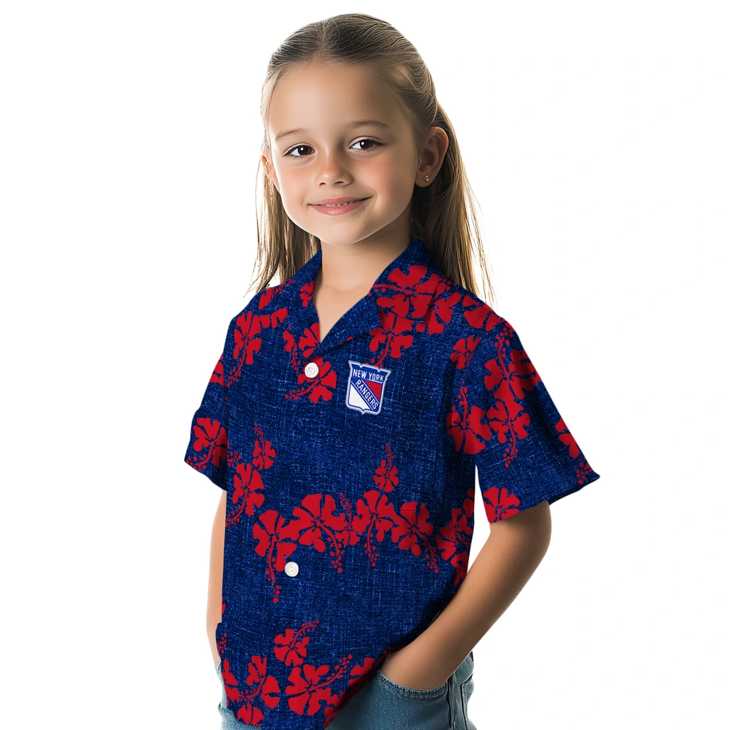 New York Rangers Hawaiian Shirt - 50th State Flower new york rangers hibiscus petals blue hawaiian shirts premium grade