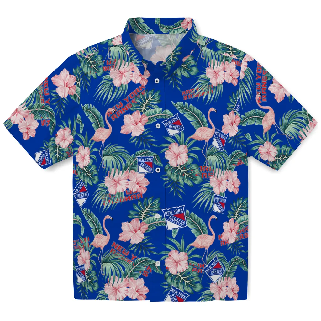 New York Rangers Hawaiian Shirt - Flamingo and Hibiscus new york rangers flamingo palms blue hawaiian shirts best selling