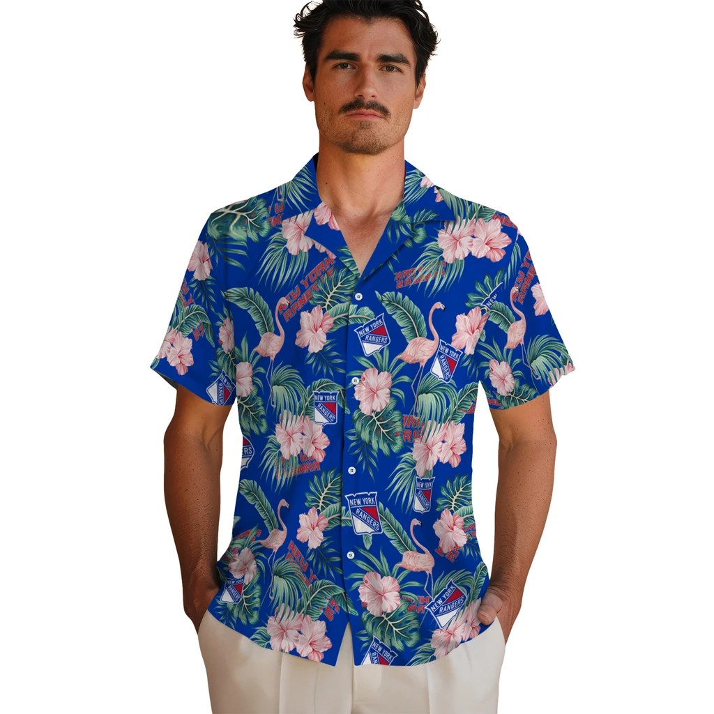 New York Rangers Hawaiian Shirt - Flamingo and Hibiscus new york rangers flamingo palms blue hawaiian shirts fashion forward