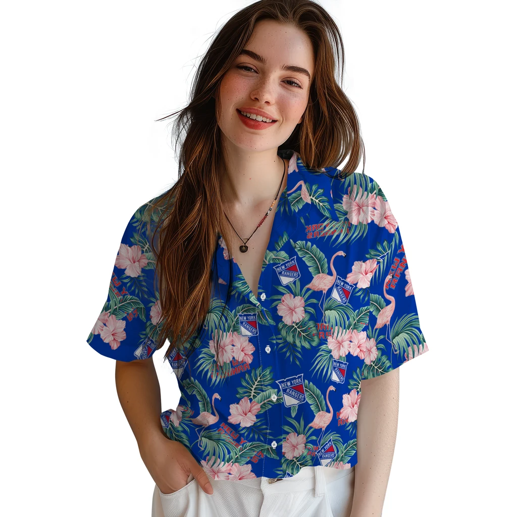 New York Rangers Hawaiian Shirt - Flamingo and Hibiscus new york rangers flamingo palms blue hawaiian shirts latest model