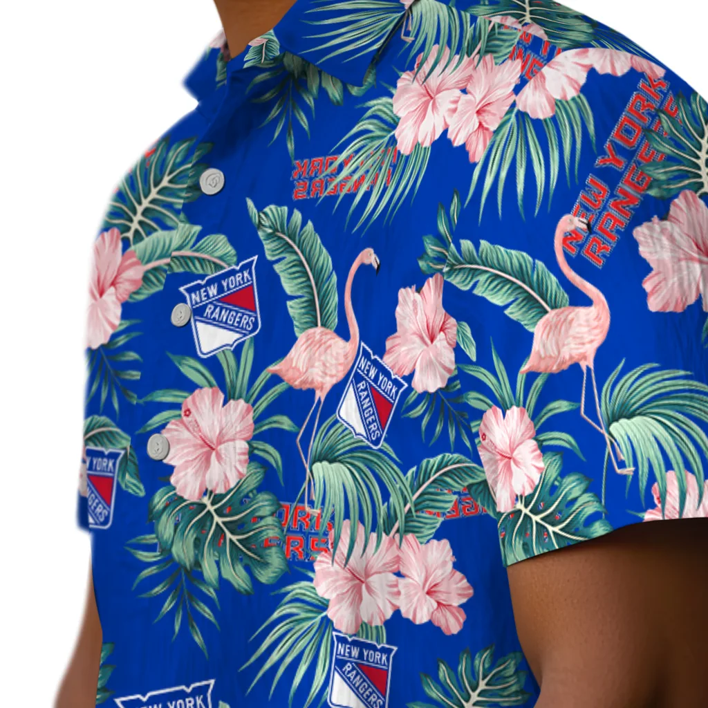 New York Rangers Hawaiian Shirt - Flamingo and Hibiscus new york rangers flamingo palms blue hawaiian shirts trendy
