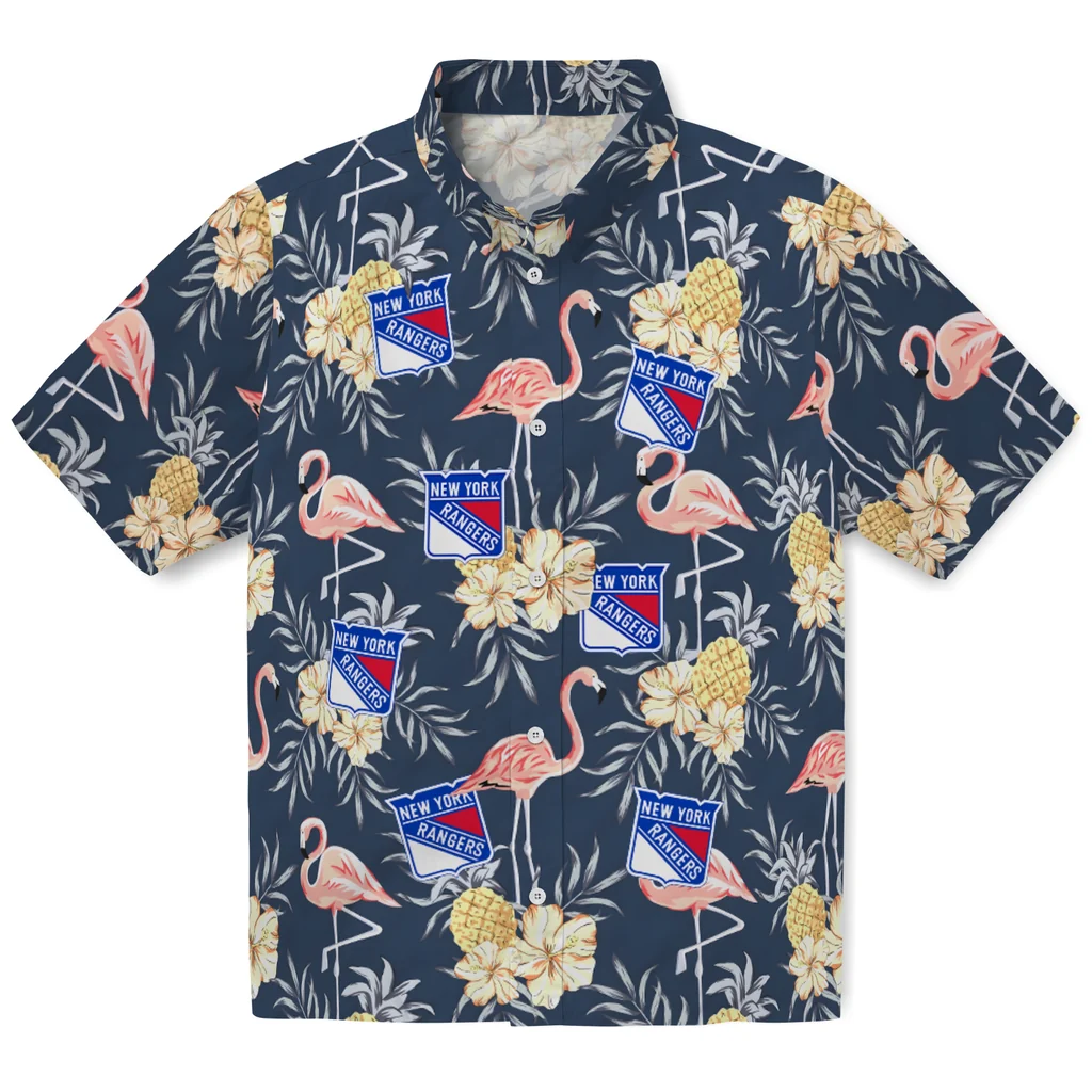 New York Rangers Hawaiian Shirt - Flamingo Hibiscus new york rangers flamingo hibiscus navy hawaiian shirts best selling