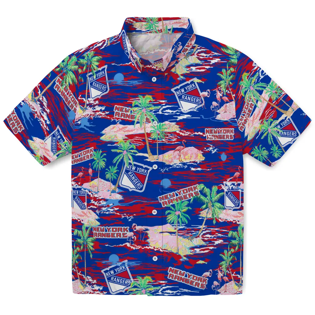 New York Rangers Hawaiian Shirt - Hawaii Island new york rangers flamingo retreat blue hawaiian shirts best selling