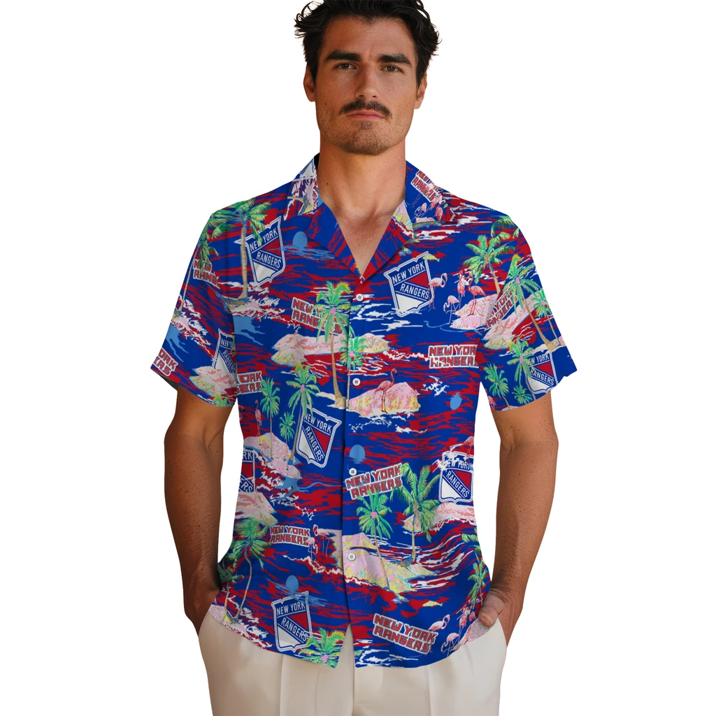 New York Rangers Hawaiian Shirt - Hawaii Island new york rangers flamingo retreat blue hawaiian shirts fashion forward