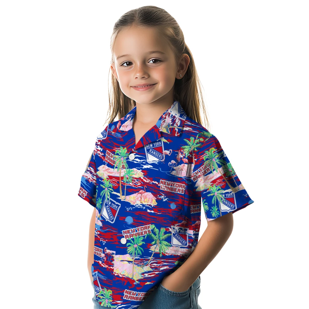New York Rangers Hawaiian Shirt - Hawaii Island new york rangers flamingo retreat blue hawaiian shirts premium grade