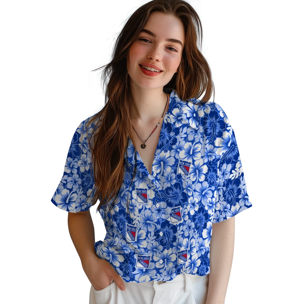 New York Rangers Hawaiian Shirt - Hibiscus Blooms new york rangers hibiscus blooms blue hawaiian shirts latest model