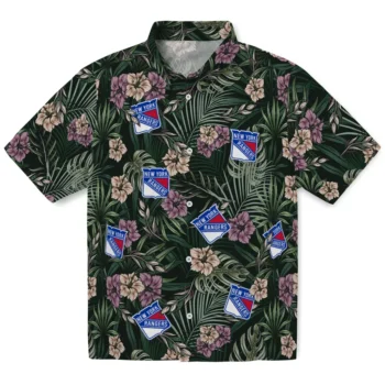 new york rangers hibiscus leaves pattern green hawaiian shirts best selling