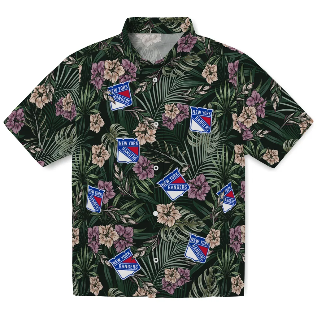 New York Rangers Hawaiian Shirt - Hibiscus Leaves Pattern new york rangers hibiscus leaves pattern green hawaiian shirts best selling