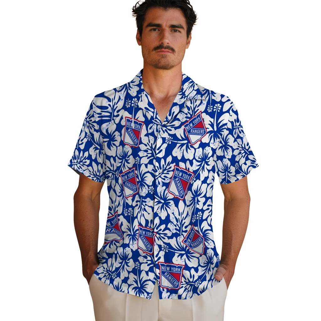 New York Rangers Hawaiian Shirt - Hibiscus Motif new york rangers hibiscus motif blue white hawaiian shirts fashion forward