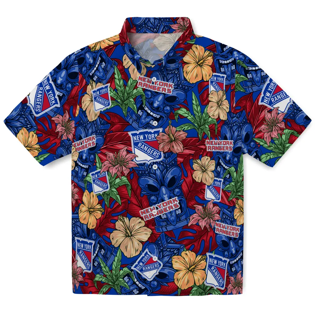 New York Rangers Hawaiian Shirt - Hibiscus Tiki Jungle new york rangers tiki jungle blue hawaiian shirts best selling