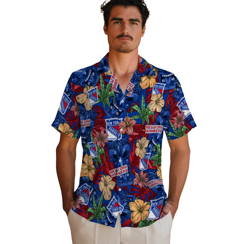 New York Rangers Hawaiian Shirt - Hibiscus Tiki Jungle new york rangers tiki jungle blue hawaiian shirts fashion forward