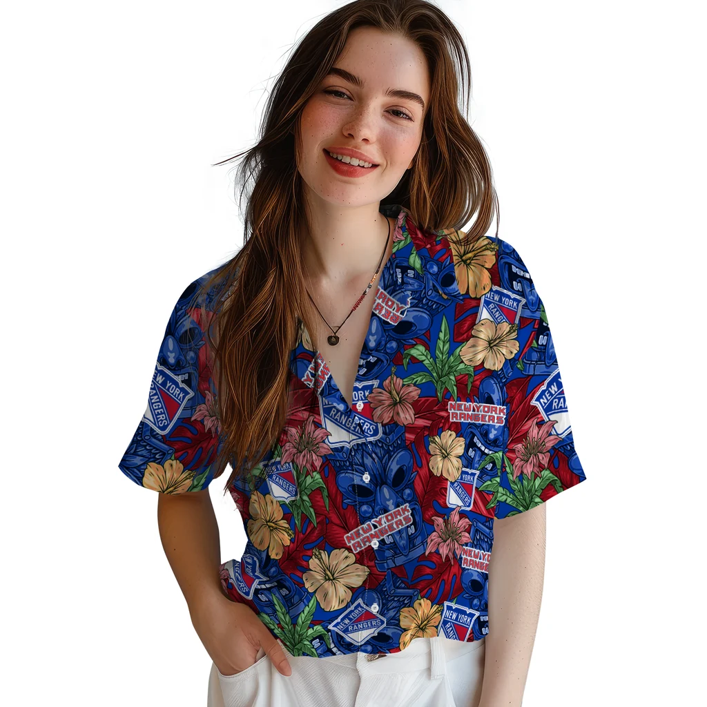 New York Rangers Hawaiian Shirt - Hibiscus Tiki Jungle new york rangers tiki jungle blue hawaiian shirts latest model
