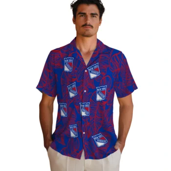 new york rangers leaf outline blue hawaiian shirts fashion forward