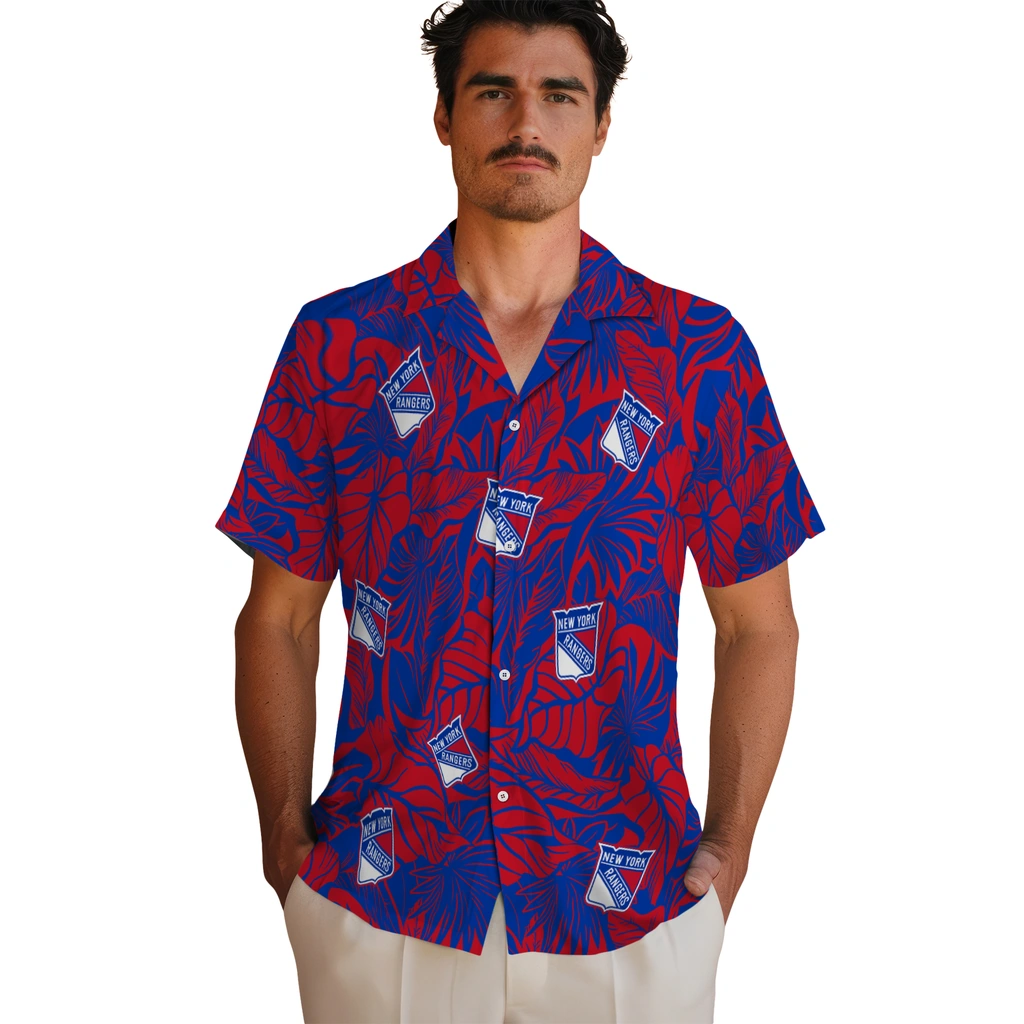 New York Rangers Hawaiian Shirt - Monstera Layer new york rangers monstera layer blue hawaiian shirts fashion forward