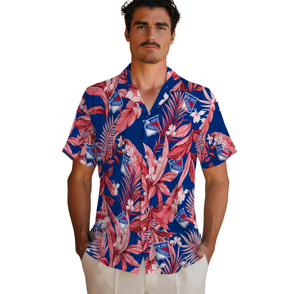 New York Rangers Hawaiian Shirt - Palm Leaves new york rangers palm leaves blue hawaiian shirts fashion forward