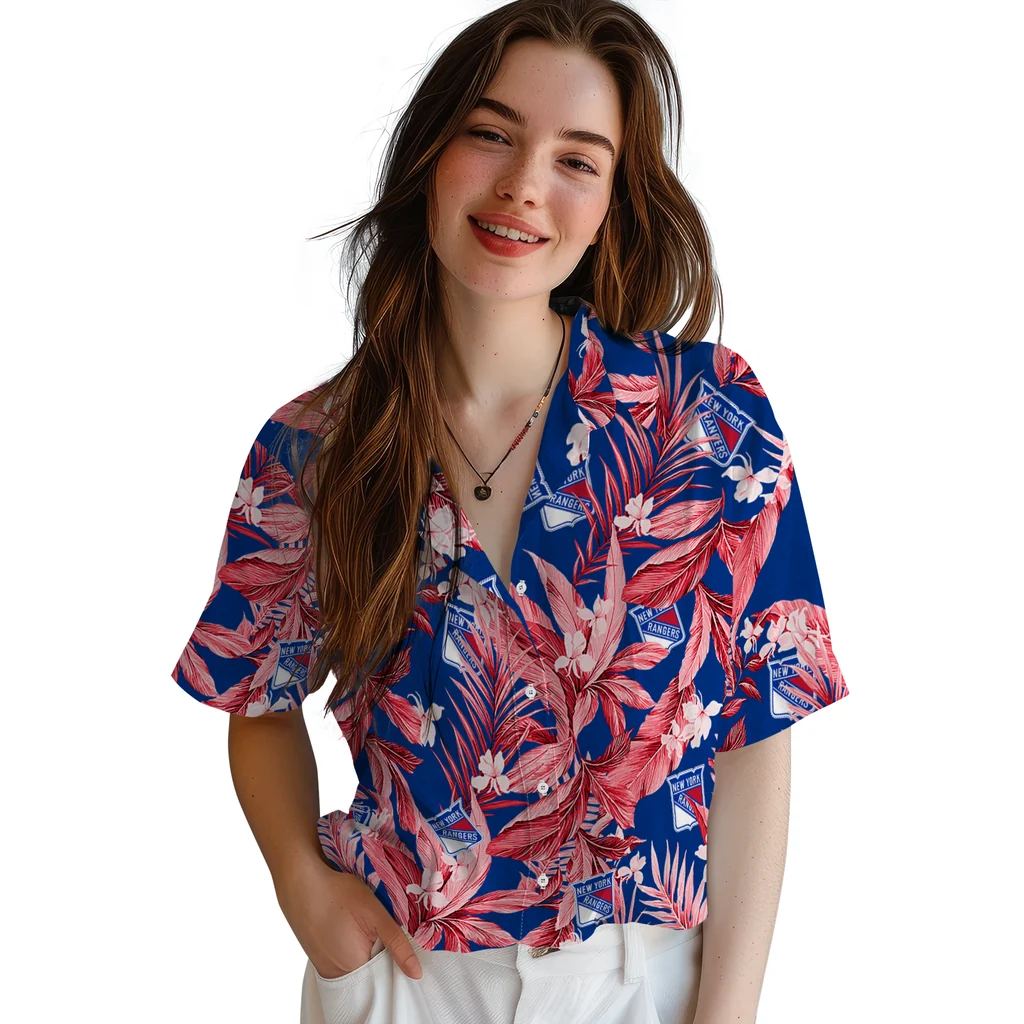 New York Rangers Hawaiian Shirt - Palm Leaves new york rangers palm leaves blue hawaiian shirts latest model