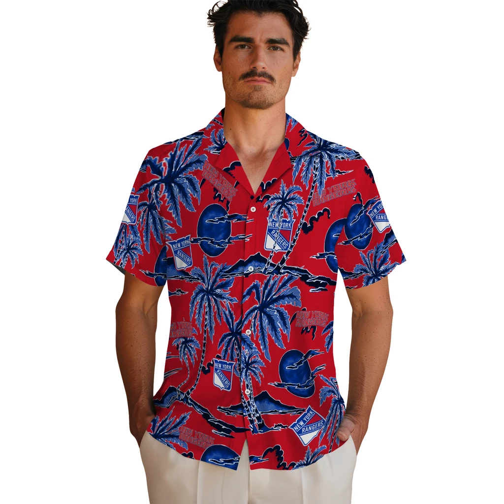 New York Rangers Hawaiian Shirt - Palm Sunset new york rangers palm sunset hawaiian shirts fashion forward