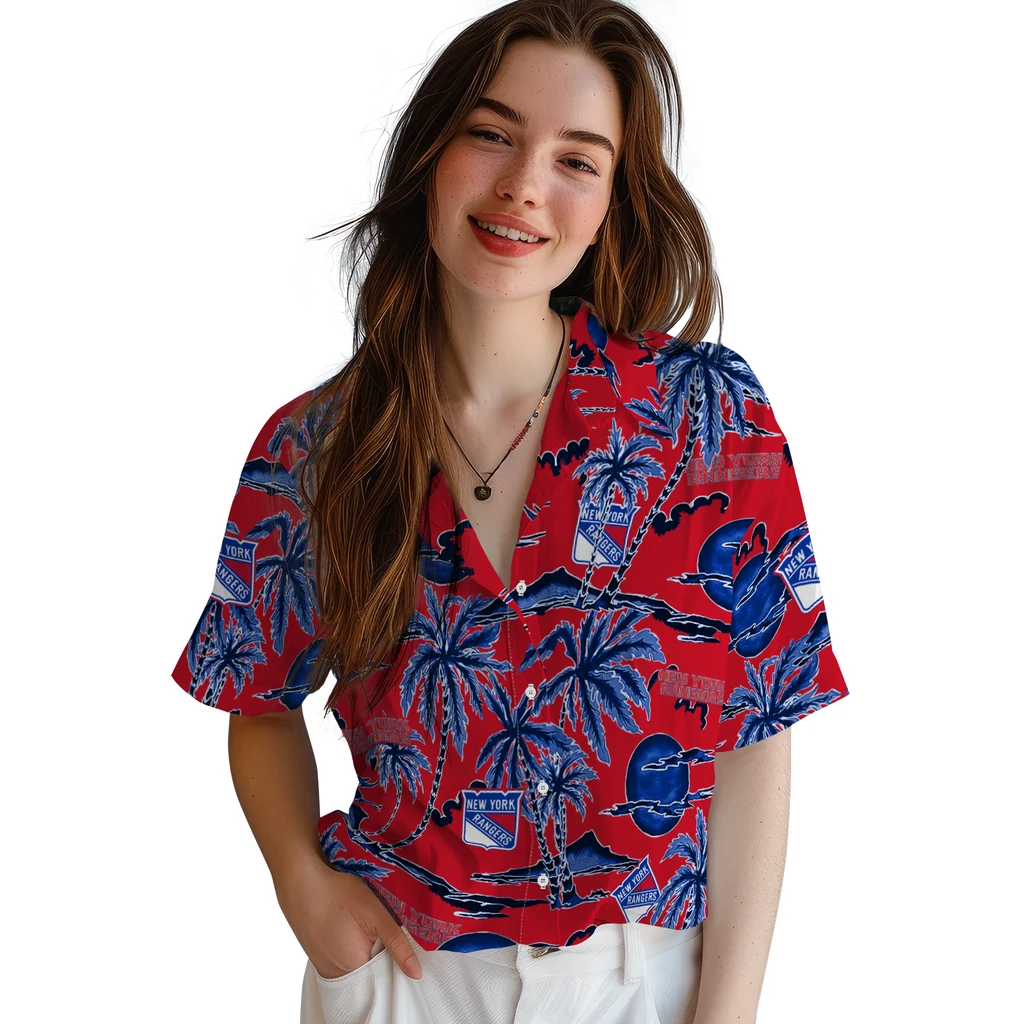 New York Rangers Hawaiian Shirt - Palm Sunset new york rangers palm sunset hawaiian shirts latest model