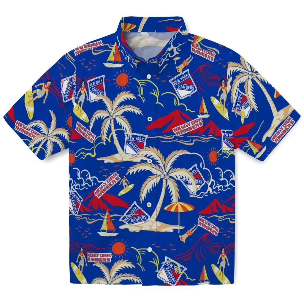 New York Rangers Hawaiian Shirt - Palm Tree Island new york rangers palm tree island blue hawaiian shirts best selling